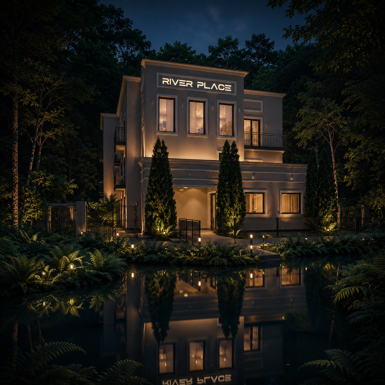River Place exterior at twilight